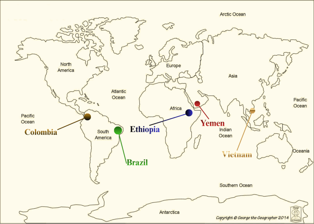 World map showing the origins of LV Coffee beans from Colombia, Brazil, Ethiopia, Yemen, and Vietnam